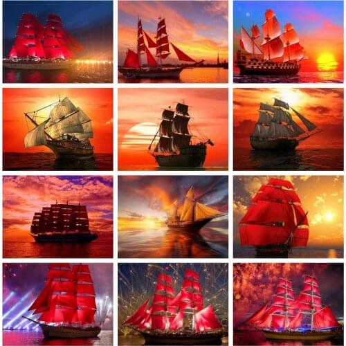 HUACAN Full Square Diamond Painting Sailboat Embroidery Cross Stitch Kit Diamond Mosaic Landscape Craft Kit