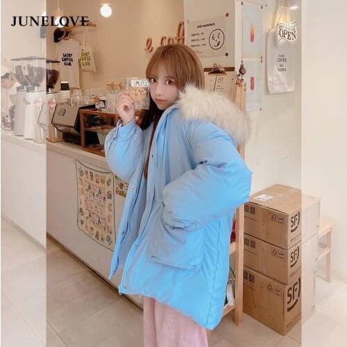 JuneLove Parkas Winter Jacket Women Clothes Cute Warm Coat Female Womens Cotton Jacket Warm Thick Yellow Blue Parkas Fur Collar