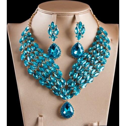 LAN PALACE beautiful light blue africa nigeria jewelry set gold color glass necklace and earrings for wedding free shipping