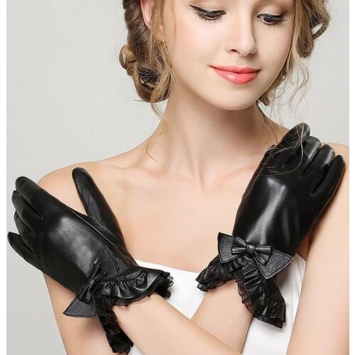 Genuine Leater Gloves Female Winter Sheepskin Lace Butterfly Knot Plus Velvet Thicken Keep Warm Touchscreen Woman Gloves BJ8004