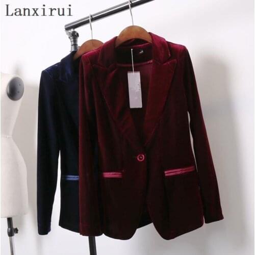 New Fashion Womens Gold velvet blazer Casual Coat Jacket Button Woman Suit Slim Female