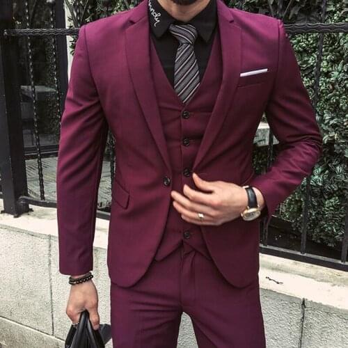New Luxury High Quality Berry Purple Loose Men Suits Slim Fit Groom Tuxedo For Wedding Dress Party Suits (Jacket+Pants+Vest)