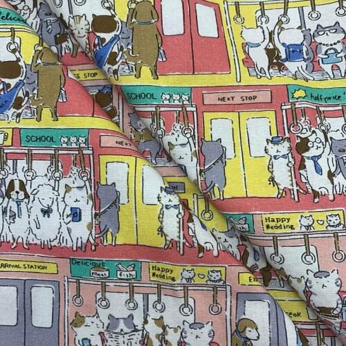 Lovely 100% Cotton Fabric Colour Bottom Cartoon Cats Bus Pattern Digital Print Sewing Material DIY Home Patchwork Dress Clothing