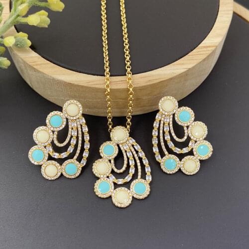 Lanyika Fashion Jewelry Set Peacock Tail Drip Oil Micro inlay Necklace with Earrings for Women Wedding Anniversary Best Gifts