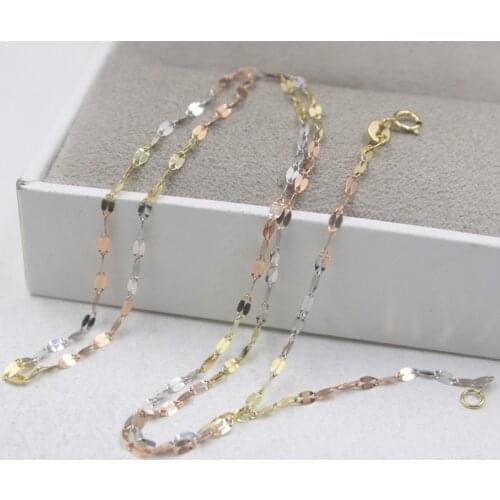 Real 18K Yellow Multi-Tone Gold Necklace Womans Elegant Lip Link Chain 17.7"L 1.1-1.3g 2mmW Fashion Lady
