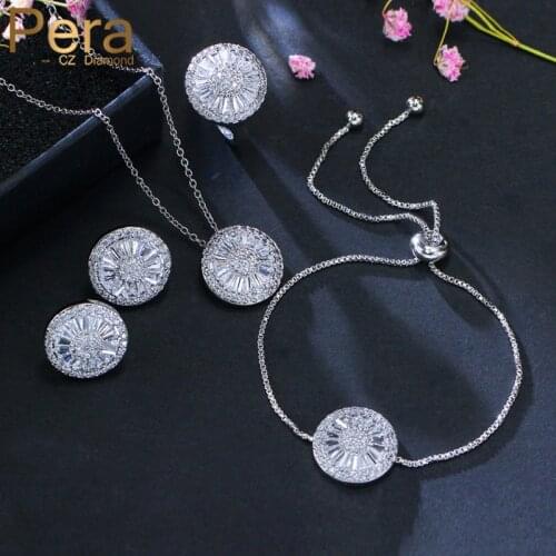 Pera Brand Design 4Pcs Shiny Cubic Zirconia Setting Big Round Adjustable Bracelet Earrings Necklace Ring for Women Party J261