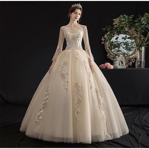 Bride Dress Long Sleeve Champagne White Embroidered Beadings Ball Gown for Wedding Vestidos Cerimonia Vestido De Noiva Princesa