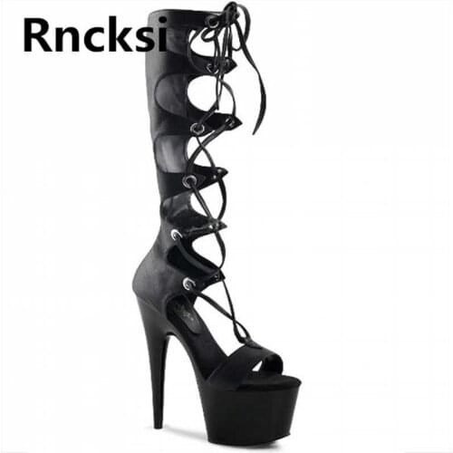 Rncksi Lace Up Girl Night Club Party Queen Platform Wedding Womens Boots Dance Shoes 15cm Heels High Knee High Boots