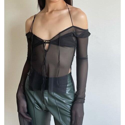 Sexy Mesh Sheer See Through T-shirts Gothic Punk Style Women Summer Halter Tops Lace Up Long Sleeve Split Hem Cropped Tee