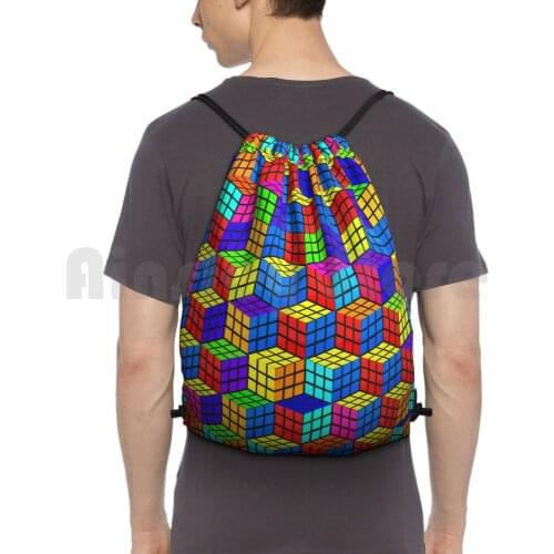 Illusion Backpack Drawstring Bags Gym Bag Waterproof 80S Retro Escher Illusion Mind Trick Bright Vintage Unusual Bold Mc