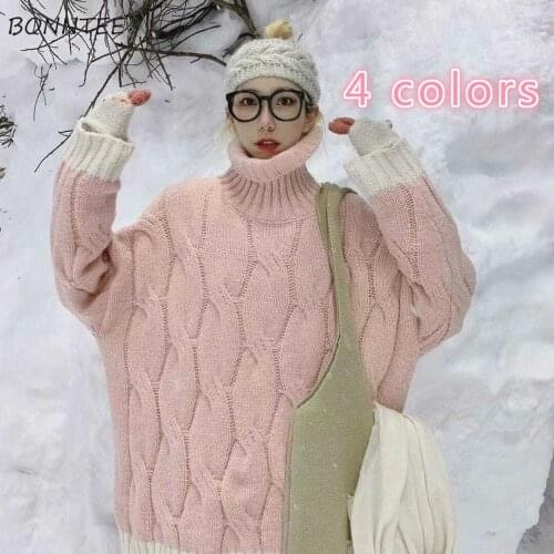 Turtleneck Sweater Retro Thickening Winter Vintage Warm Oversize Knitting Loose Fashion Pullovers Teenagers Lovely Patchwork Ins