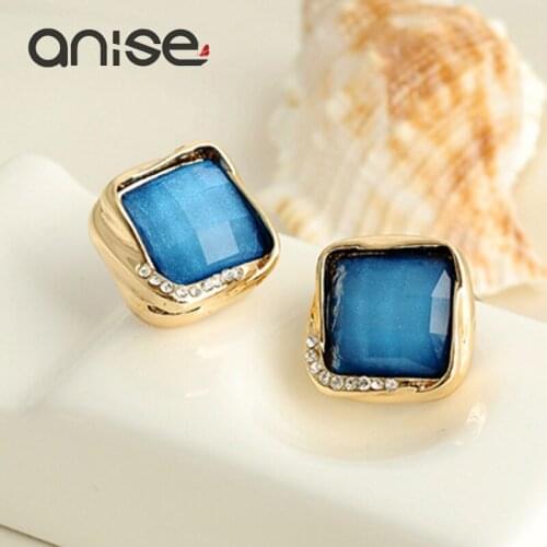 Anise Vintage Blue Square Stud Earrings for Woman Fashion Resin Rhinestone Studs Earrings Female Party Brinco Statement Jewelry