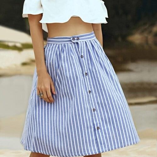Women 2019 New Skirt Elegant Striped A-Line Blue Single-Breasted Skirt Women Summer Cute Casual Knee-Length Skirts