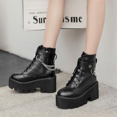 Women chunky block high heel platform wedge heel shoes harajuku gothic cut out ankle boots Botas Femininas creepers biker shoes