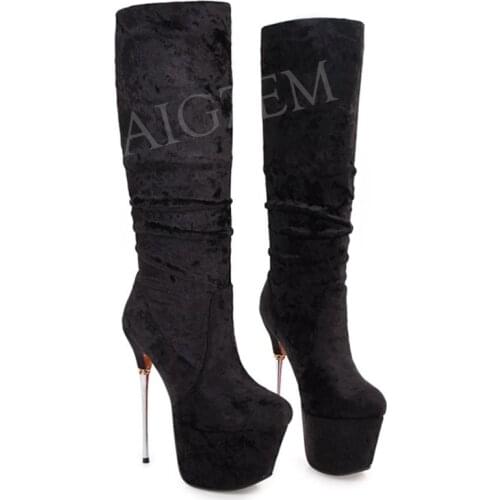 BERZIMER Women Knee High Platform Boots 16CM Metal Stiletto Pull On Soft Velvet Shoes Woman Zapatos Mujer Big Size 33 38 39 43