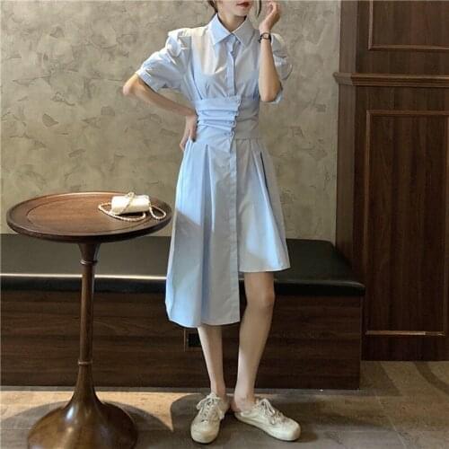 GOOHOJIO Woman Dresses Summer Solid Korean Style Midi Shirt Dresses Puff Sleeve Vestidos Ropa De Mujer Robe Irregular Dresses