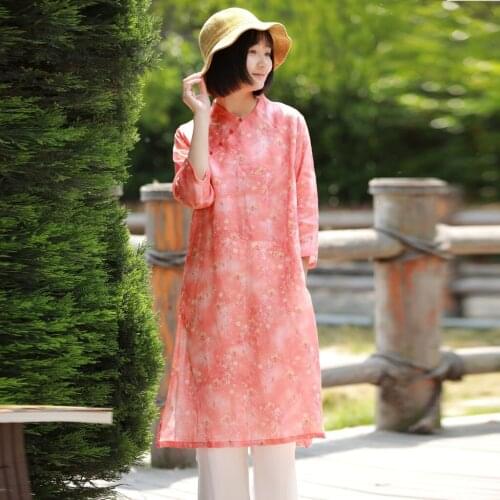 Women Spring Autumn Three Quarter Ramie Qipao Dresses Cheongsam Ladies Printed Doube Layer Dresses 2019