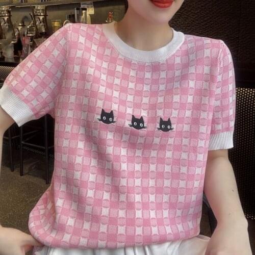Summer 2021 Top Embroidery Cartoon Cat Pattern Short Sleeve Ice Silk Knit Sweater Womens Color Round Neck Pullover