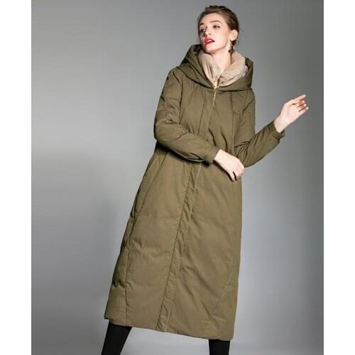 Winter Womens Puffer Jacket Green Long Coats Warm Down Coat Fashion Hooded Patchwork Coat
