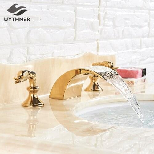 Gold Bathroom Basin Faucet Wash Basin Sink Faucet Dual Handle Basin Taps Deck Mounted Wash Hot and Cold Water Faucet Mixer Tap