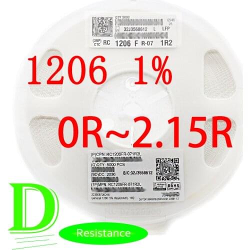 100PCS SMD Resistor RC Series 1206 1% Original RC1206FR-07 Series 0R-2.15R All resistors 0R 1R 1.1R 1.2R 1.3R 1.5R 1.6R 1.8R 2R