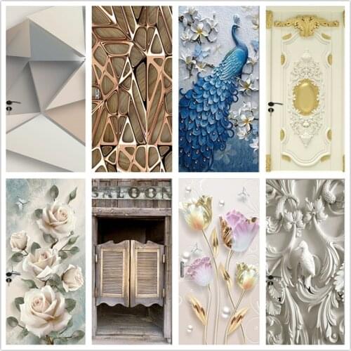 2pcs/Set 3D Visual Relief Painting Door Sticker Self-adhesive Waterproof Removable Wallpaper Home Decoration Living Room Poster