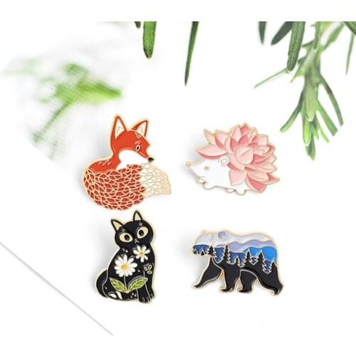 20/Lot Fox Polar Bear Hedgehog Flower Cat Alloy Brooch Badge Figures Pin For Lapel Action Figure