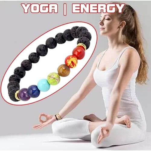 Black Volcanic Rock Beads 7 Chakra Natural Stone Healing Balance Yoga Bracelet for Men Women Health Reiki Prayer Charm Bracelets