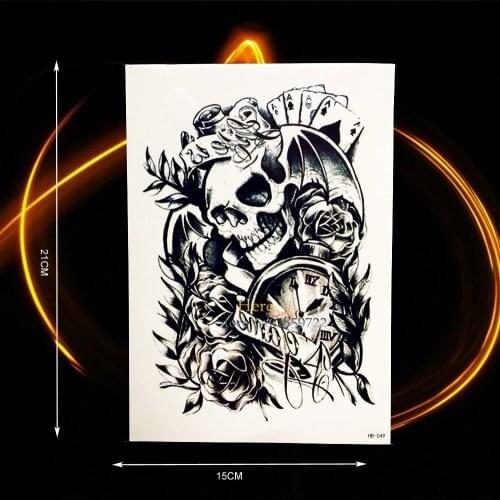 Devil Evil Damon Temporary Tattoo Stickers Skull Head Rodes Poker Designs Fake Waterproof Tattoo Men Body Arm Clock Rose Compass