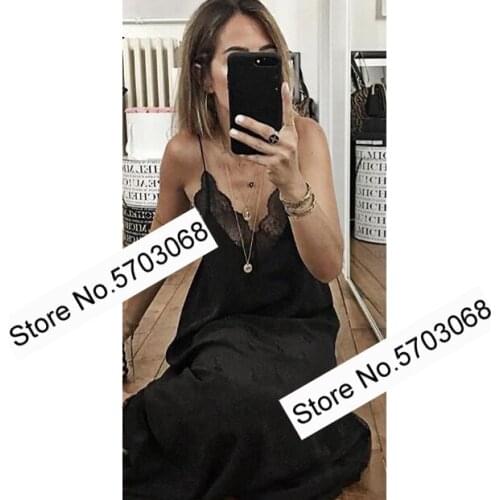 Elfstyle High-end Silk V Neck Hollow Out Lace Patchwork Jacquard Asymmetric Spaghetti Strap Long Dress