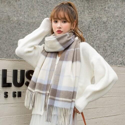 Khaki Plaid 100% Wool Scarf Women Thicken Cashmere Shawls,Wraps Echarpe Pashmina for Ladies Winter Wool Scarves Foulard Femme