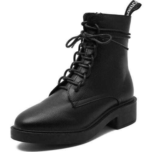 White Black PU Leather Ankle Boots Women Autumn Winter Round Toe Lace Up Punk Shoes Thick Bottom Motorcycle Boots 35-43 size