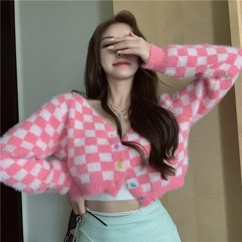 Autumn Vintage Sweet Cute Kawaii Pink Plaid Print Women Knitted Cardigan Tops V-Neck Long Sleeve Cropped Cardigan Short Sweater