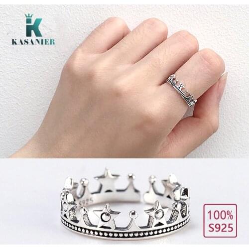 KASANIER 925 Sterling Silver Romantic Stackable Crown Stars CZ Finger Rings for Women Party Fashion Jewelry Gifts LETTER