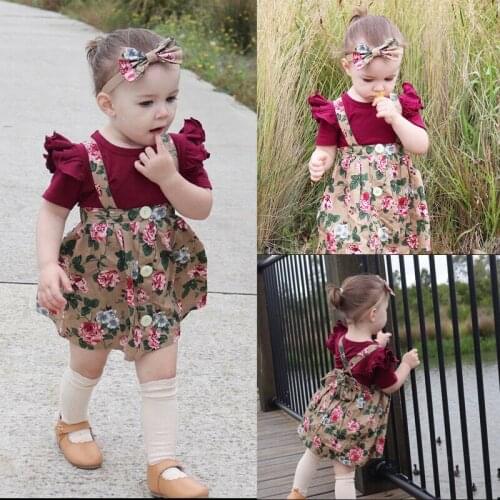 3PCS New Summer Toddler Kid Baby Girl Clothes Sets Short Sleeve Bodysuit Tops+Strap Floral Dress+Headband Outfit Set