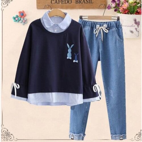 Girls High Quality Fabric Spring and Autumn Suit Fake Two-piece Long-sleeved Loose Sweater High School Student Two-piece