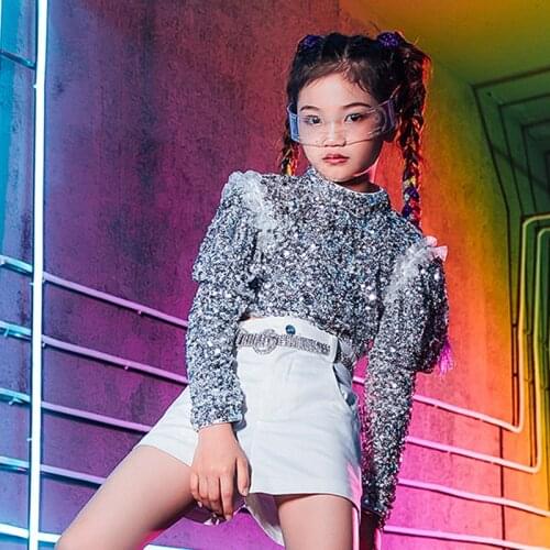 Hip Hop Jazz Dance Costumes Girls Sequins Long Sleeve Catwalk Dancing Performance Stage Clothing Street Dance Wear Outfit YS1338
