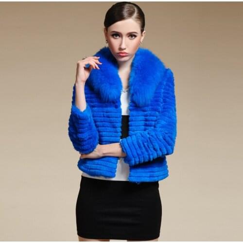 Spring Autumn Womens Genuine Real Natural Sheared Rabbit Fur Jackets Fox Fur Collar Lady Slim Short Outerwear Coats VF0192