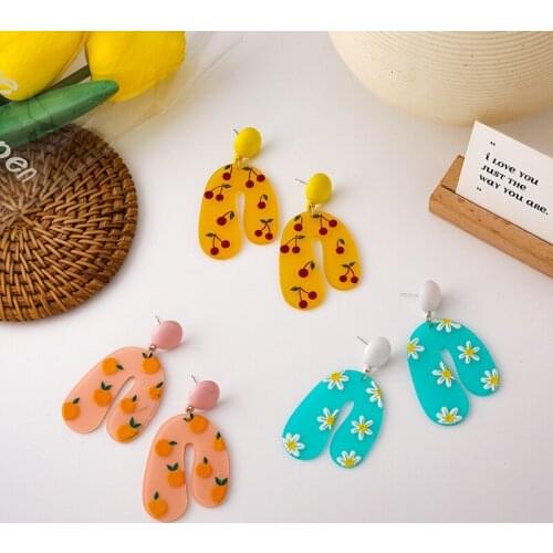 Lifefontier Cute Fruit Acrylic Drop Earrings for Women Colorful Cherry Flower Peach Pattern Dangle Earrings Korean Jewelry