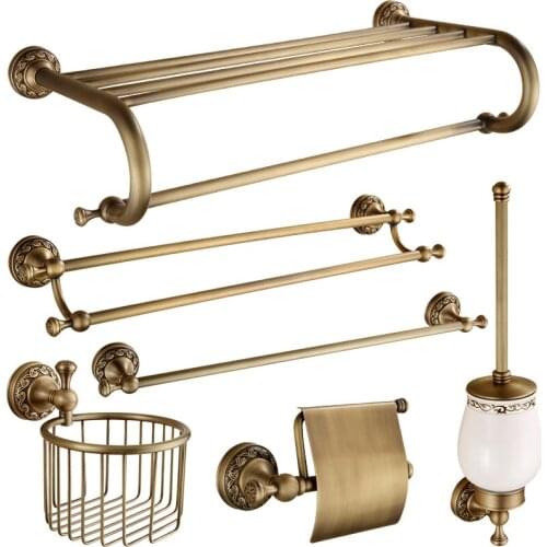 Bathroom Hardware Set Carved Towel Rack Paper Holder Towel Bar Corner Shelf Toilet Brush holder Antique Bathroom Accessories Set
