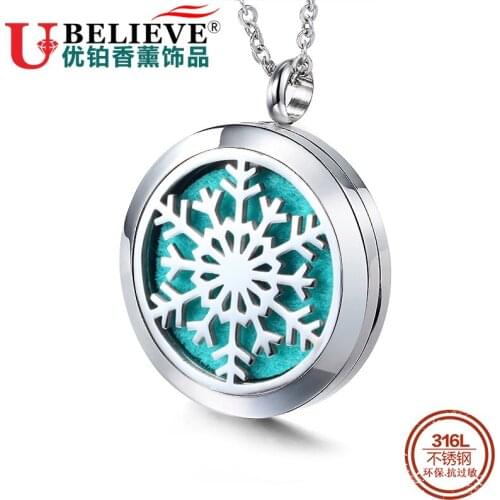 Snow Pattern Aroma Necklace Magnetic Stainless Steel Aromatherapy Essential Oil Diffuser Perfume Locket Pendant Jewelry