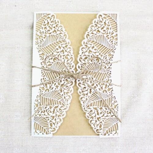 Rustic invitation wedding with craft rope leaft shape hollow laser cut cards 100pcs