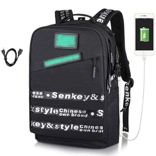 New Hot Male USB Charging Backpack Fashion Trend Letter Decoration Computer Bag Tide Chic Student Travel Bag