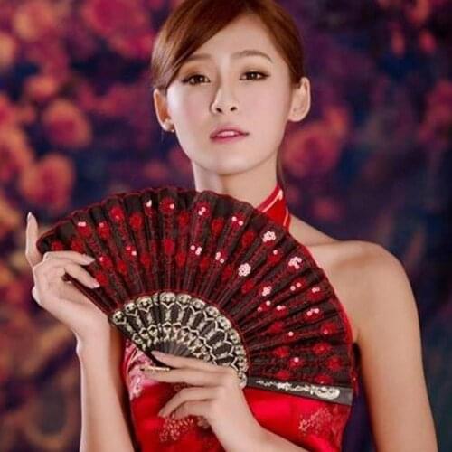 Embroidery Sequin Fan Beautiful Decorative Plastic Sheet Folding Hand Fan Flower Wedding Party Hold Dance Pattern Style Crafts