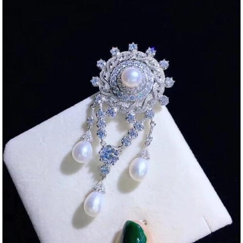 Vintage natural fresh water pearl brooch pin 925 sterling silver with cubic zircon palace fine women jewelry for dress