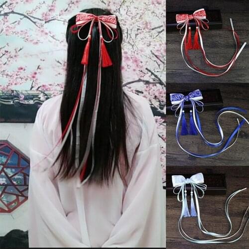 Chinese White and Blue Ribbon Tassel Hairpin Hair Clip for Women Girl Ancient Style Hanfu Hair Pins Cosplay Hair Accessories