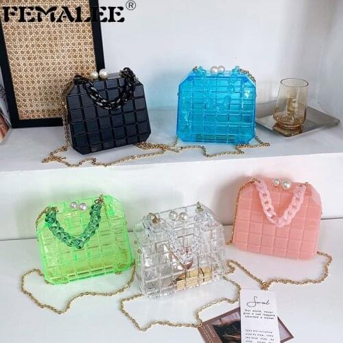 New Fashion Pearl Buckle Women Evening Bag Lattice Acrylic Purses and Handbags Luxury Plaid Party Wedding Bags Casual Box Clutch