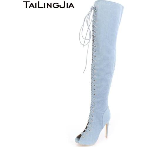 Women Peep Toe Over the Knee High Denim Boots Lace up Sexy High Heel Thigh High Boots Jeans Long Boots with Zipper Large Size