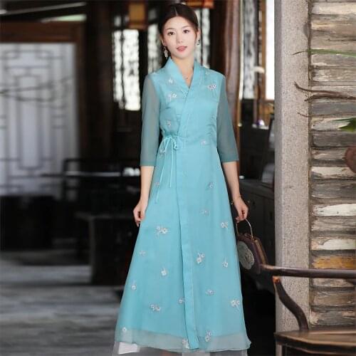 Chinese Style Dress Summer Plus Size Retro Embroidery V-Neck Slim Waist Womens Elegant Hanfu Long Lady Dress S-XXL