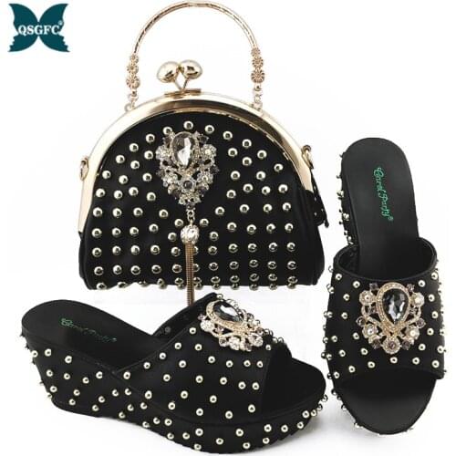 Mature Italian Women Royal Wedding Party Shoes and Bag to Match with Shinning Crystal in Black Color Nigerian Style Set